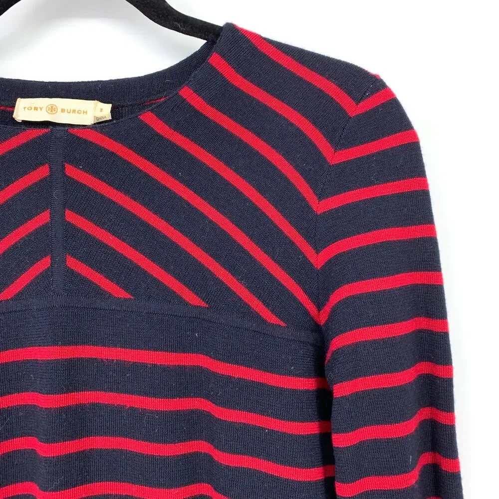 Tory Burch Sweater Women's Size Small Blue Red Wool Tunic Scoop Neck Pullover
